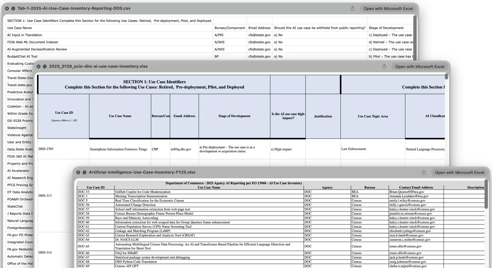 A small sample of the messiness: Three spreadsheets, each with different headers and columns