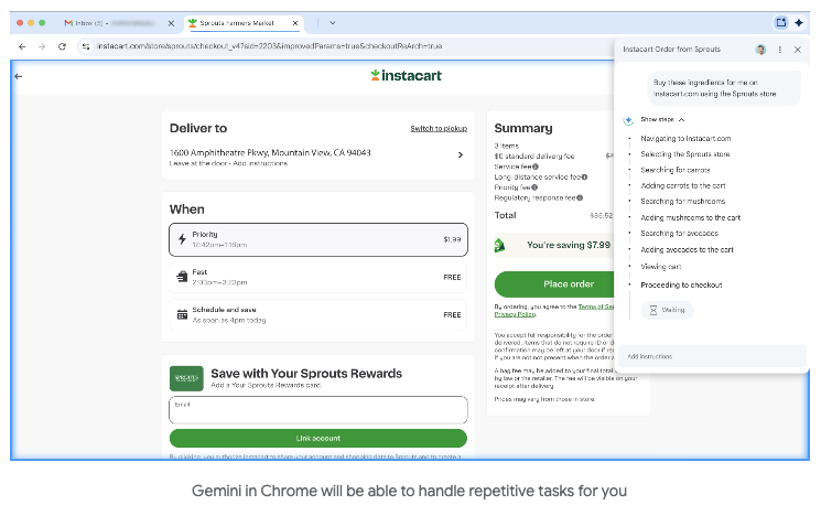Screenshot of agentic browsing assistant checking out with Instacart