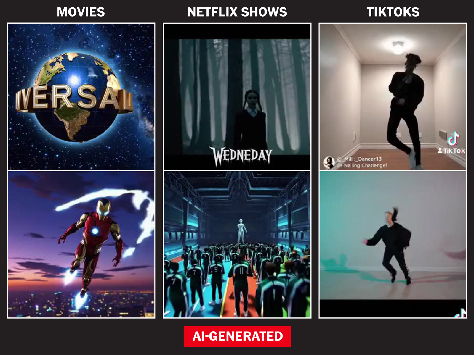 Clips of AI-generated content that looks like movies, Netflix shows, TikToks
