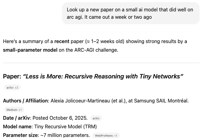 Look up a new paper on a small ai model that did well on arc agi. It came out a week or two ago